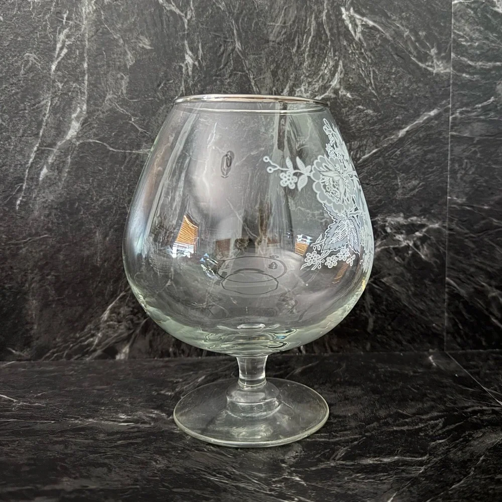 Floral Glass Goblet with Silver Rim